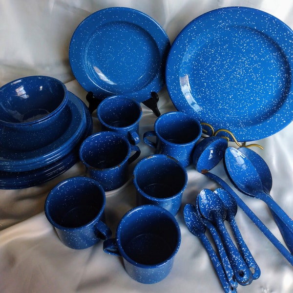 Mid-century  32 piece set  blue Spatterware/enamel ware  -  Camping, BBQ, picnic