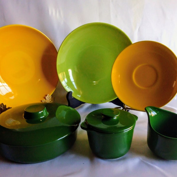 Mid- Century Homer Laughlin /Rythm   lot-  Forest Green Creamer and Sugar- Covered Dish- Rythm bowls yellow and chartreuse