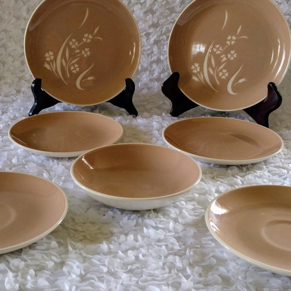 Mid-Century Harker Ware "Spring Time Everglades" Tan/Taupe Cameo Ware USA - Collection of 7  [6 Plates -1 bowl]