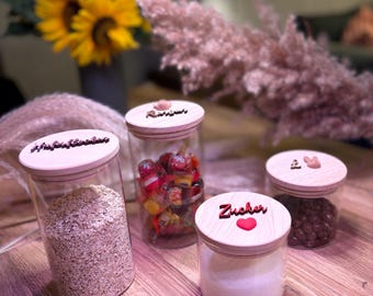 Personalized glass storage jar with wooden lid, 3D engraving with name and design | Kitchen storage, gift idea