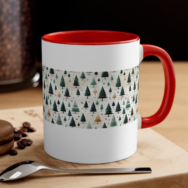 Decorative Xmas tree pattern Accent Coffee Mug, 11oz, available color variants red, pink, white, black, blue, and navy