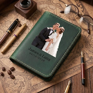 May include: Green leather wallet with a photo of a couple and the names "James & Luna" and the date "08/10/2026" printed on the front. The wallet is surrounded by pens, glasses, and coffee beans on a map.