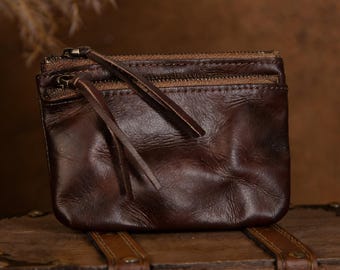 Handcrafted Genuine Leather Coin Purse, Coffee Mini Wallet, Personalized Travel Bag