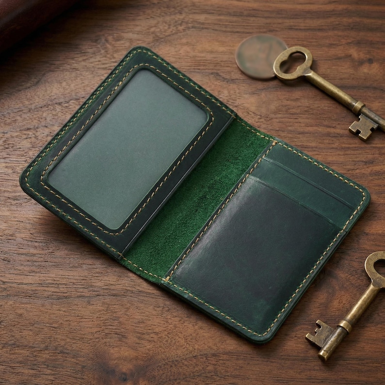 May include: Open, dark green leather wallet with a clear ID window and card slots. The wallet is stitched with light-colored thread and has a smooth, polished finish. Two antique keys are in the background.