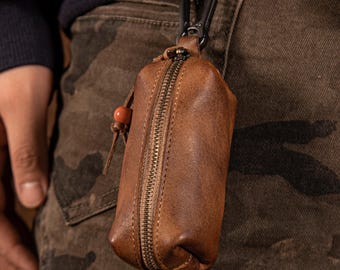 Estuche para llaves de cuero genuino, llavero de cuero, monedero y llavero de cuero Crazy Horse, regalo de aniversario