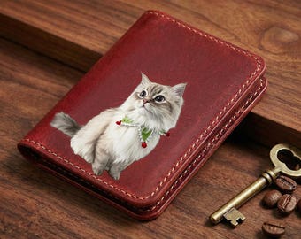Personalized Crazy Horse Leather Card Holder, Minimalist Slim Wallet, Custom Pet Portrait Keepsake, Mother's Day Gifts, Gift for Cat Lover