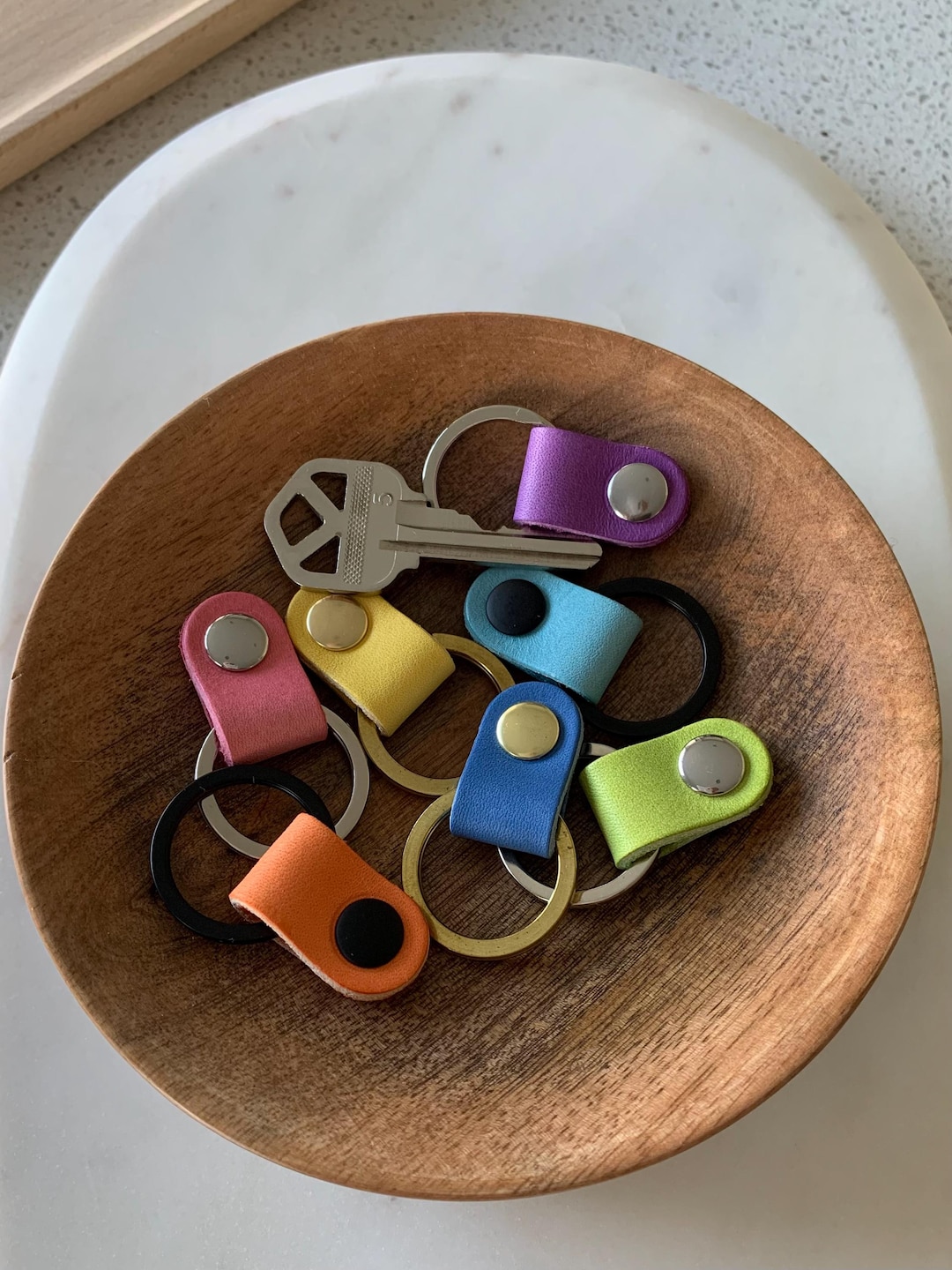 Small Genuine Leather Keychain Mini Pink Keychain Tiny Yellow Key Fob ...