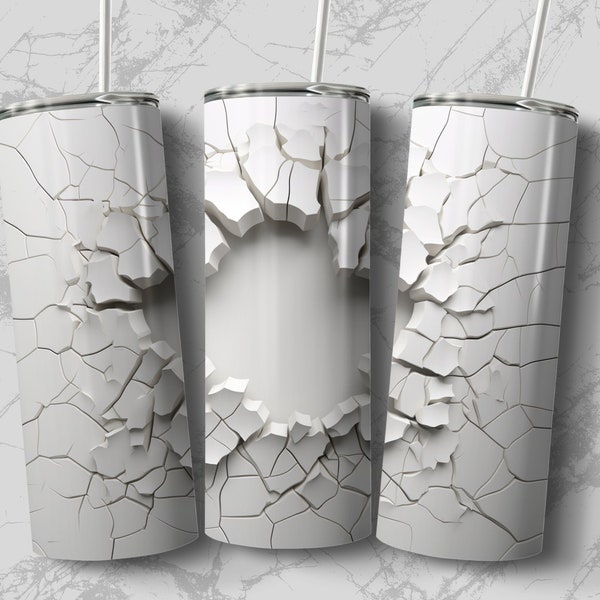 3D White Cracked Wall 20 oz Skinny Tumbler Sublimation Design, Straight Tumbler Wrap, Tapered Tumbler Design, PNG Digital Download