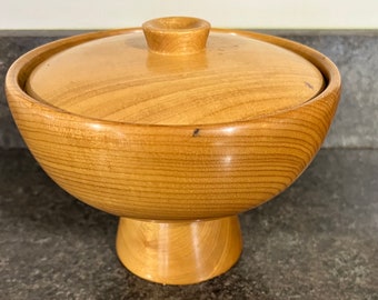 Vintage Myrtle Wood Bowl Pedestal Covered Compote 8” Mid Century