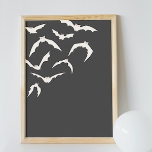 White Bats on Black Wall Art - Halloween Decor Print - Gothic Home Decoration - Instant Download - Printable Spooky Artwork