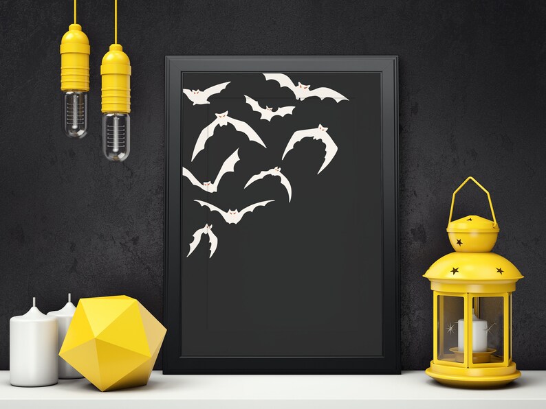 White Bats on Black Wall Art - Halloween Decor Print - Gothic Home Decoration - Instant Download - Printable Spooky Artwork