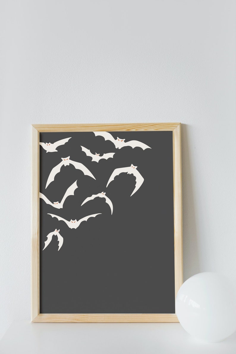 White Bats on Black Wall Art - Halloween Decor Print - Gothic Home Decoration - Instant Download - Printable Spooky Artwork