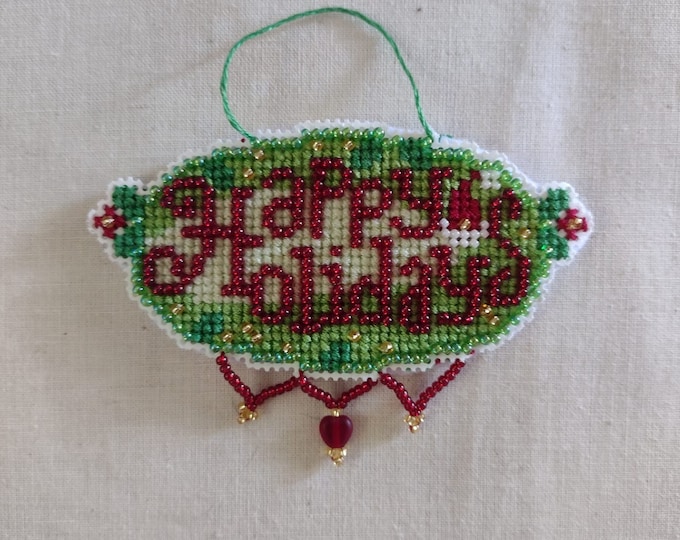 Vintage Happy Holidays Cross Stitch with Beads Ornament