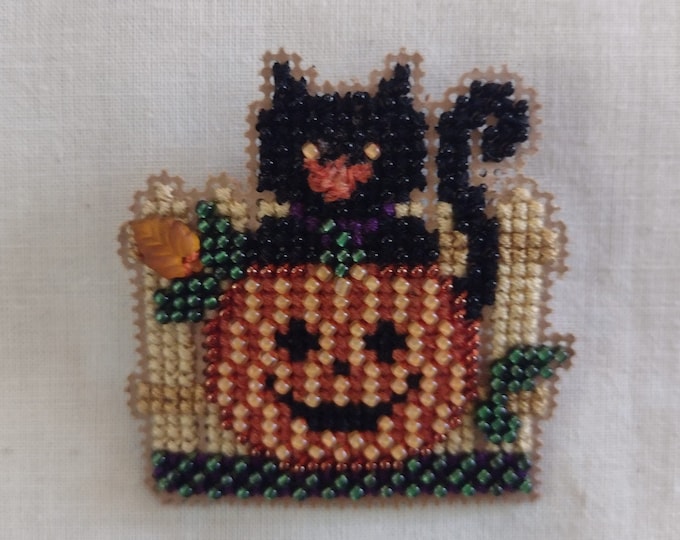 Handmade Black Cat in Pumpkin Pin - FINISHED