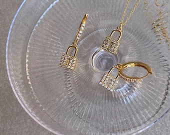 Pave lock earrings | lock necklace | gold hoops | Jewellery set | Huggies