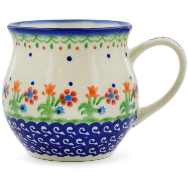 Polmedia Polish Pottery Bubble Mug 13 oz Spring Flowers Theme H6141K Handmade and hand painted by Ceramika Bona in Boleslawiec, Poland