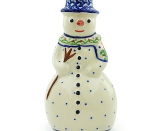 Polmedia Polish Pottery Snowman Candle Holder 6.25" Spring Flowers Theme H8389H Handmade and hand painted in Boleslawiec, Poland
