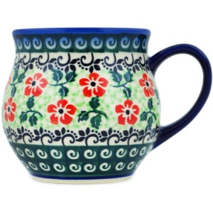 Polmedia Polish Pottery Bubble Mug 12 oz UNIKAT Poppies Charm Theme H0827N Handmade and hand painted in Boleslawiec, Poland