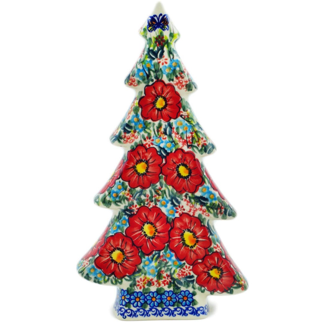 Polmedia Polish Pottery Christmas Tree Figurine 11.75 UNIKAT Red