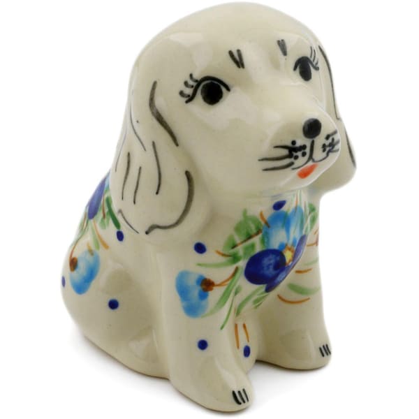 Polmedia Polish Pottery Dog Figurine Blue Pansy Theme H7117J Handmade and hand painted by Ceramika Bona in Boleslawiec, Poland