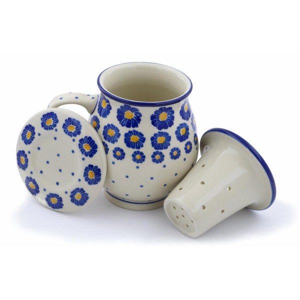 Polmedia Polish Pottery Tea Infuser Cup - Brewing Mug with Strainer in  Blue Zinnia H0440J Handmade and hand painted in Boleslawiec, Poland