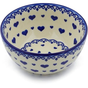 Polmedia Polish Pottery Bowl 5.25" Blue Valentine Theme H4042J Handmade and hand painted by Ceramika Bona in Boleslawiec, Poland