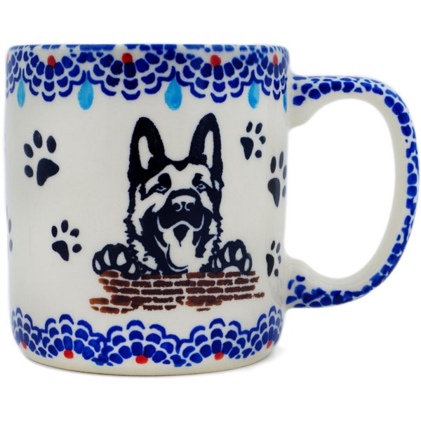 Polmedia Polish Pottery Mug 12 oz UNIKAT German Sheppard Smiles Theme H2758P Handmade and hand painted in Boleslawiec, Poland