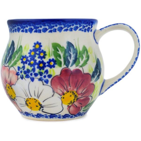 Polmedia Polish Pottery Bubble Mug 13 oz UNIKAT Maroon Blossoms Theme H1554P Handmade and hand painted in Boleslawiec, Poland