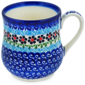 Polmedia Polish Pottery Mug 13 oz Cheerful Poppies Theme H6932N Handmade and hand painted by Ceramika Bona in Boleslawiec, Poland