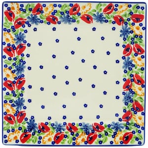 Polmedia Polish Pottery Square Dinner Plate 9" UNIKAT Flower Garden Theme H6158M Handmade and hand painted in Boleslawiec, Poland