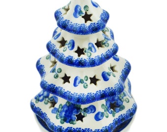 Polmedia Polish Pottery Christmas Tree Candle Holder 7" Blue Poppies Theme H3931D Handmade and hand painted in Boleslawiec, Poland