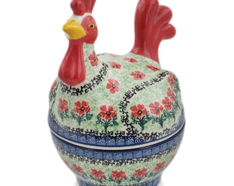 Pot en forme de poule en poterie polonaise Polmedia 8,5 po., thème marasquin H9879K Fait à la main et peint à la main à Boleslawiec, Pologne