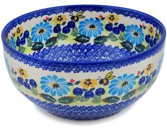 Polmedia Polish Pottery Bowl 9.25" UNIKAT Summer Bees Theme H7329N Handmade and hand painted in Boleslawiec, Poland