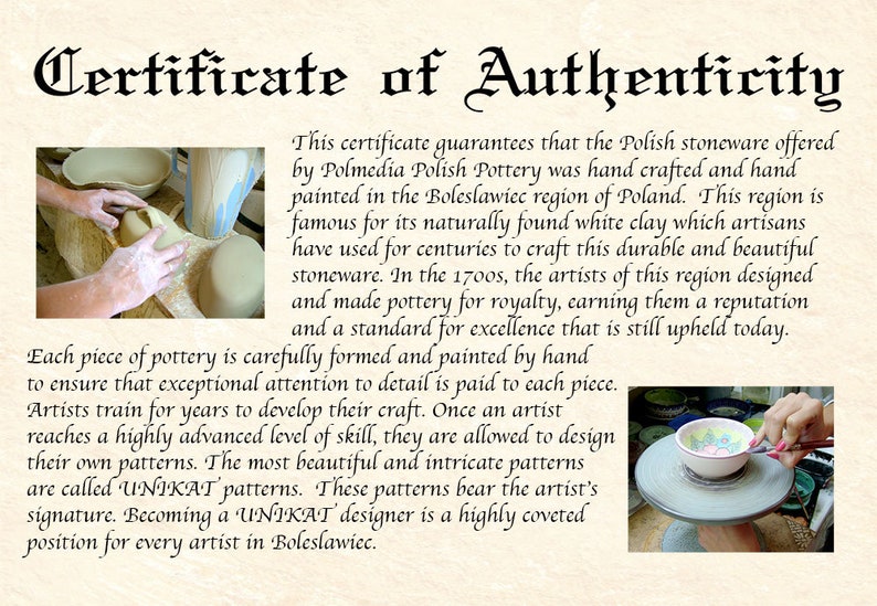 Polmedia Polish Pottery - Certificate of Authenticity