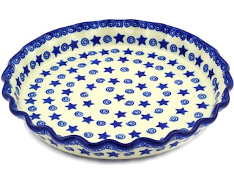 Polmedia Polish Pottery Fluted Pie Dish 10.25" Stars And Fireworks Theme H6349D Handmade and hand painted in Boleslawiec, Poland