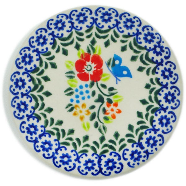 Polmedia Polish Pottery Coaster 3.5" Ring Of Meadow Flowers Theme H9036N Handmade and hand painted by Ceramika Bona in Boleslawiec, Poland