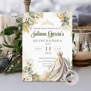 Gold Floral Quinceañera Invitation, Mis Quince 15 Anos Birthday Party Favors, Instant Digital Download, Editable Printable Canva Template