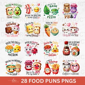 Kawaii Food Pun PNGS, süße lustige Valentines Emojis Clipart, Sushi Speck Nudeln Donut, Paar Zitate Liebesbotschaften Perfect Match Paar Freund