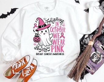 In Octeber We Wear Pink Halloween Shirt, Cute Pink Ghost Sweatshirt, Mean Girls Halloween Shirt, Boo Book Halloween Tee
