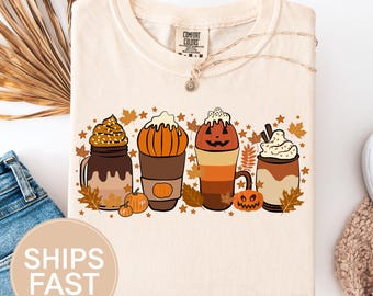 Comfort Colors Fall Coffee Pumpkin Shirt,Comfort Colors Halloween Tee,Coffee Latte Fall Shirt,Retro Halloween Pumpkin,Cozy Fall Coffee Shirt