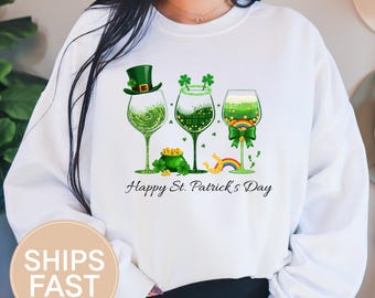 St. Patrick's Day Wine Lover Shamrock Design Sweatshirt Gildan 18000 Lucky Drinking Team