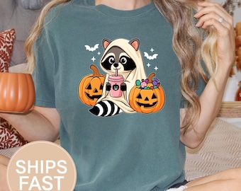 Cute Raccoon Ghost Shirt Comfort Color 1717 Funny Halloween Fall Spooky Season Animal, Cozy Autumn