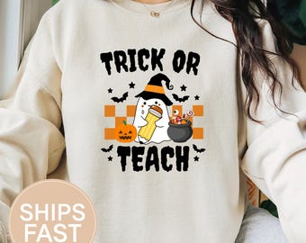 Trick or Teach, Gildan 18000 Teacher Shirt, Teacher Gift, Teacher Fall Shirt, Ghost Gift