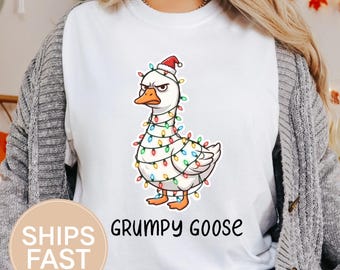 Grumpy Goose Christmas Lights, Comfort Color 1717 Graphic Tee, Holiday Animal Apparel, Funny Winter Shirt For Friend