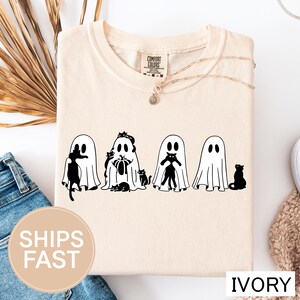 Halloween Black Cat & Ghost Comfort Colors Shirt, Halloween Ghost Tshirt, Spooky Season Cat Tee, Halloween Cute Women Outfit, Halloween Gift