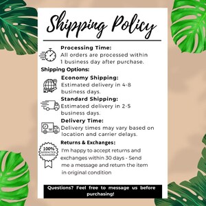 The image is a shipping policy document with various shipping options and processing times listed.