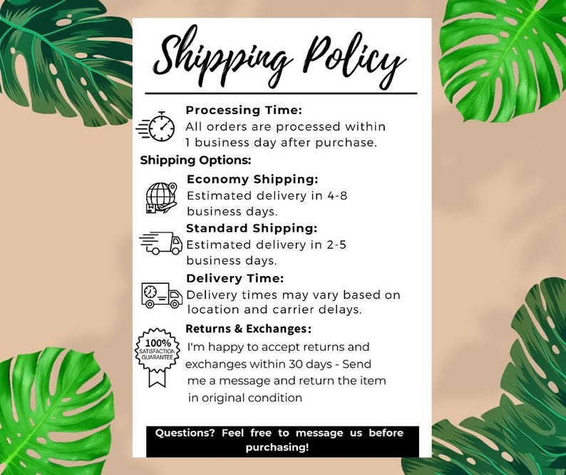 The image is a shipping policy document with various shipping options and processing times listed.