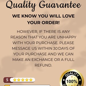 The image is a promotional image for a company called TopCityDesignCo, which offers a quality guarantee for their products. The image features a message that states the company knows you will love your order, but if there is any reason that you are unhappy with your purchase, they will make an exchange or a full refund within 30 days. The image also includes a 5-star rating and a 100% guarantee guarantee.