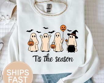 Tis The Season Ghost Sweatshirt, Halloween Fall Gildan 18000 Spooky Season Shirt, Cute Ghost Sweater