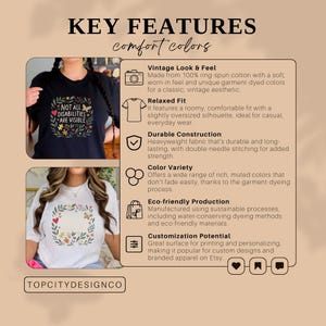 a woman wearing a t - shirt that says key features